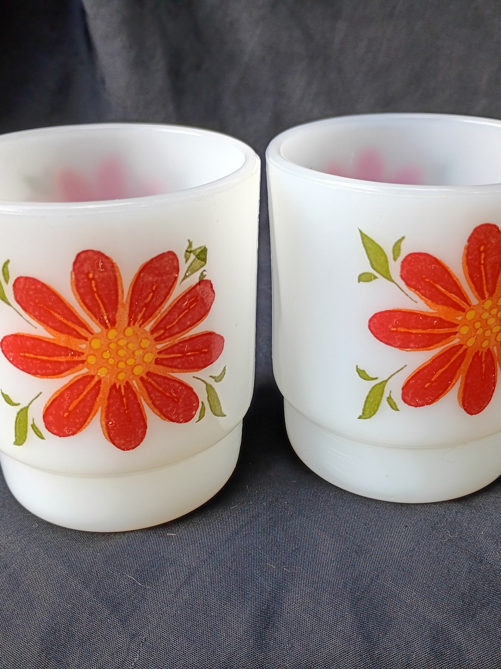 Pair of Vtg Fire King Anchor Hocking Day Breaker Milk Glass Orange Daisy Mugs